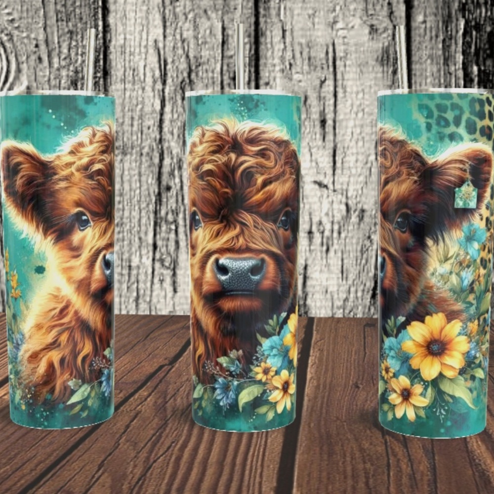 Highland Cow with Leopard Print and Flowers 20 oz Skinny Tumbler